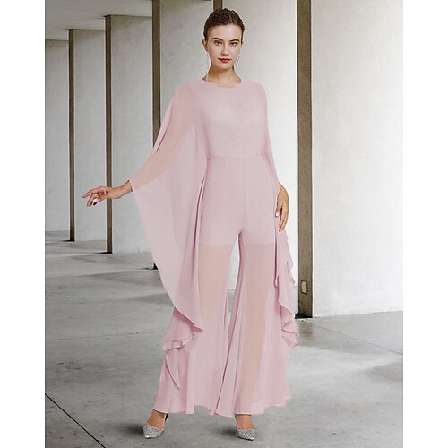 

Jumpsuits Mother of the Bride Dress Elegant Jewel Neck Floor Length Chiffon 3/4 Length Sleeve with Ruffles 2022