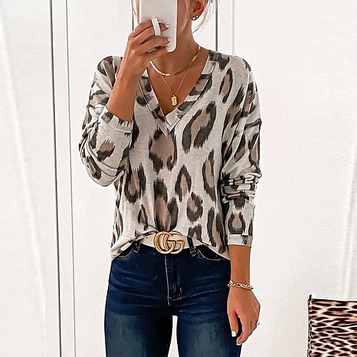 

Damen T Shirt Gelb Rosa Khaki Leopard Bedruckt Langarm Casual V Ausschnitt Standard S