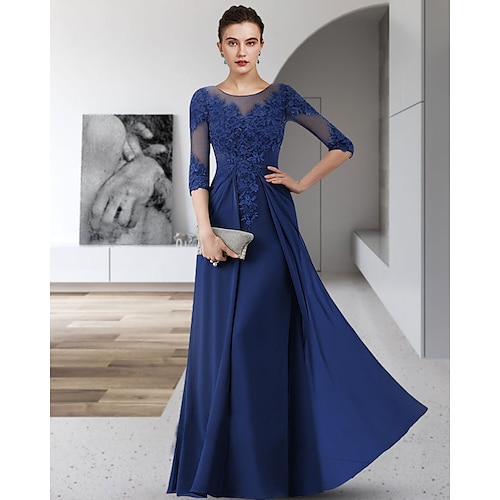 

Sheath / Column Mother of the Bride Dress Elegant Jewel Neck Floor Length Chiffon Lace 3/4 Length Sleeve with Appliques Ruching 2022