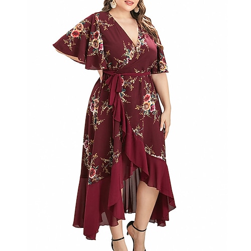 

Women's Plus Size Holiday Dress Floral V Neck Ruffle Half Sleeve Fall Spring Casual Valentine's Day Maxi long Dress Party Vacation Dress / Print