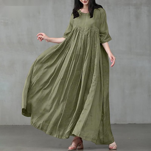 

Women's Cotton Linen Dress Casual Dress Long Dress Maxi Dress Black Pink Green Short Sleeve Pure Color Ruched Spring Fall Autumn Crew Neck Elegant Vacation Loose Fit 2022 S M L XL XXL 3XL 4XL 5XL