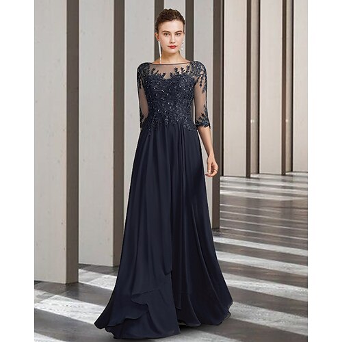 

A-Line Mother of the Bride Dress Elegant Jewel Neck Floor Length Chiffon Lace Half Sleeve with Pleats Beading Appliques 2022