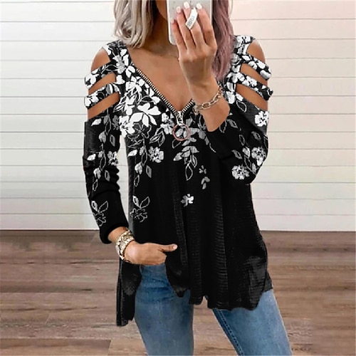 

Women's Blouse Shirt Tunic Green Purple Light Green Floral Cut Out Flowing tunic Long Sleeve Holiday Weekend Casual V Neck Regular Floral S / Print