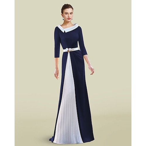 

A-Line Mother of the Bride Dress Elegant Jewel Neck Floor Length Chiffon Stretch Fabric Half Sleeve with Sash / Ribbon Pleats 2022