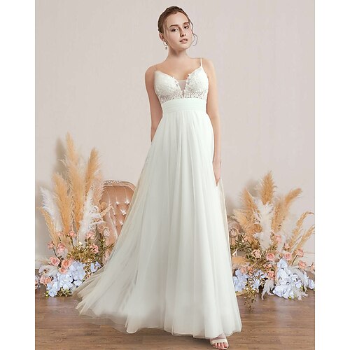 

A-Line Wedding Dresses V Neck Spaghetti Strap Floor Length Chiffon Lace Sleeveless Romantic Sexy with Pleats Appliques 2022