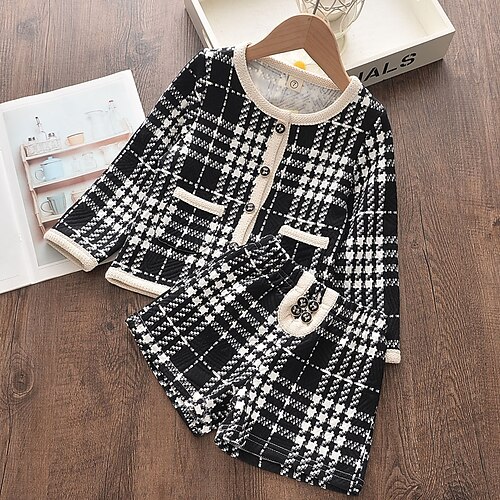 

2 Pieces Kids Girls' Clothing Set Outfit Check Long Sleeve Cotton Set Cute Sweet Winter 2-6 Years Black