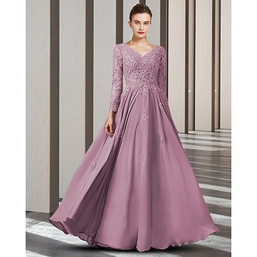 

A-Line Mother of the Bride Dress Elegant V Neck Floor Length Chiffon Lace Long Sleeve with Appliques 2022