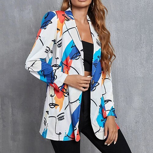 

Women's Blazer Street Daily Valentine's Day Fall Winter Regular Coat Regular Fit Warm Breathable Casual Jacket Long Sleeve Floral Color Block Print White Blue Yellow / Portrait