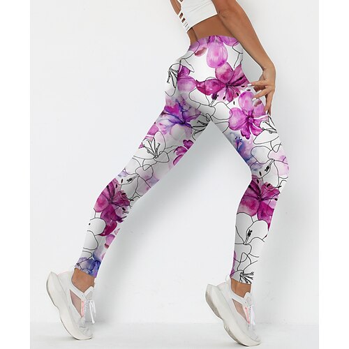 

Women's Leggings Green Blue Purple Mid Waist Sports Fashion Leisure Sports Weekend Print Stretchy Ankle-Length Comfort Flower / Floral S M L XL XXL / Skinny