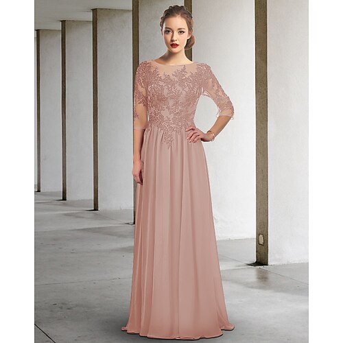 

A-Line Mother of the Bride Dress Elegant Jewel Neck Floor Length Chiffon Lace Half Sleeve with Pleats Appliques 2022