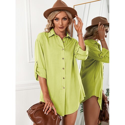 

Women's Blouse Shirt Green Pink Wine Plain Button Long Sleeve Daily Weekend Streetwear Casual Shirt Collar Regular M