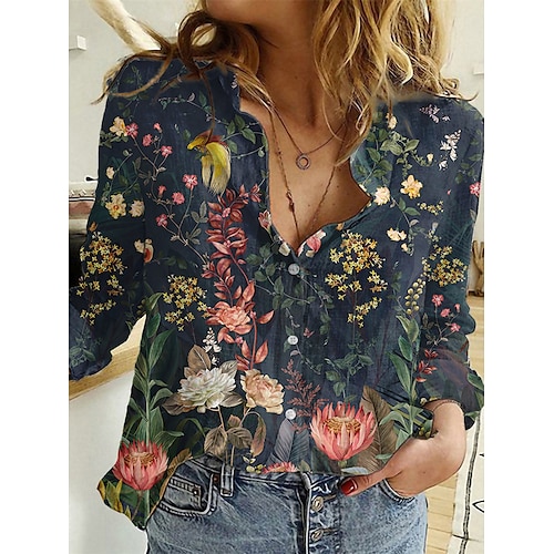 

Women's Shirt Blouse Maroon Black Pink Graphic Floral Button Print Long Sleeve Daily Weekend Tropical Vintage Shirt Collar Regular Floral S