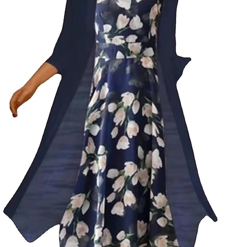 Damen Etuikleid Maxikleid Marineblau Langarm Blumen Mehrlagig Bedruckt Frühling Sommer Rundhalsausschnitt Elegant Alltag 2022 S M L XL XXL