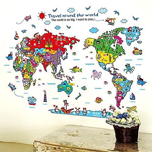 

colorful animal world map wall sticker children educational puzzle diy decal mural peel and stick removable wallpaper for kids nursery playroom living room classroom bedroom bed wall background decor
