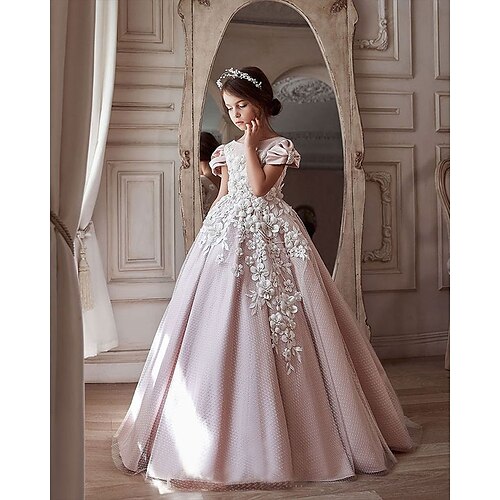 

Wedding Party A-Line Flower Girl Dresses Jewel Neck Floor Length Satin Spring Summer with Appliques Pure Color Cute Girls' Party Dress Fit 3-16 Years