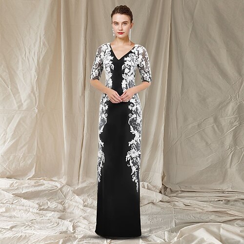 

Sheath / Column Mother of the Bride Dress Elegant V Neck Floor Length Chiffon Lace Half Sleeve with Appliques 2022