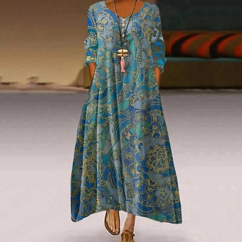 

Women's Plus Size Curve A Line Dress Floral Round Neck Print Long Sleeve Fall Spring Casual Maxi long Dress Daily Holiday Dress