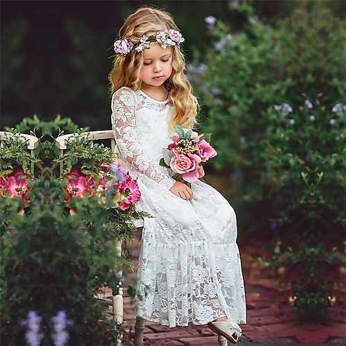 Kids Girls' Dress Jacquard Solid Colored Wedding Party Special Occasion Lace up Bow White Black Pink Maxi Long Sleeve Vintage Elegant Princess Dresses Spring Summer Regular Fit 3-10 Years