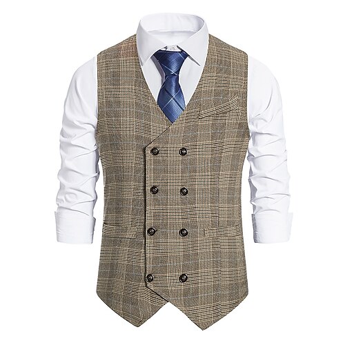 

Men's Casual Vest Plaid Regular Fit V Neck Double Breasted More-button Brown Grey 2022