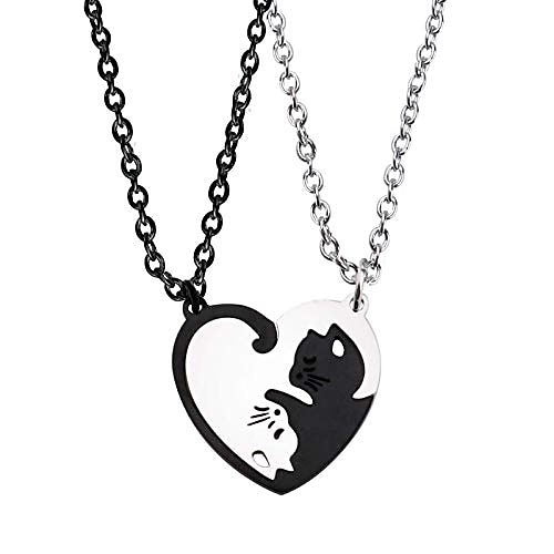 

silver yin yang cat puzzle piece matching couple bff friendship sister 2 cats heart pendant necklace gift set of 2 (black)