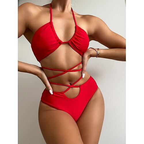 

Women's Swimwear Bikini 2 Piece Normal Swimsuit Cross Solid Color Red Plunge Bathing Suits New Sexy Hawaiian / Padded Bras