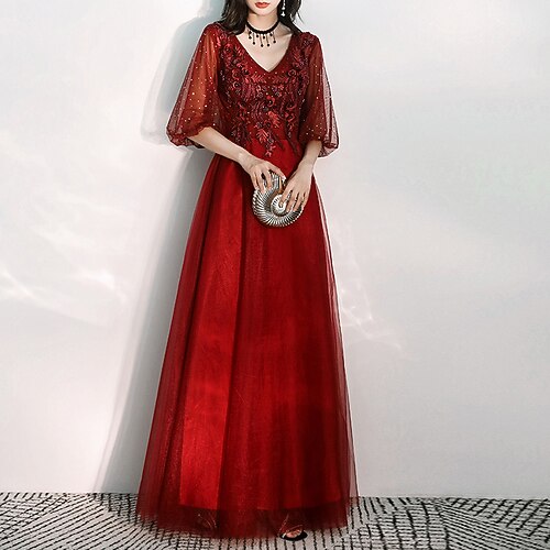 

A-Line Prom Dresses Elegant Dress Engagement Floor Length Half Sleeve V Neck Tulle with Pleats Sequin Appliques 2022