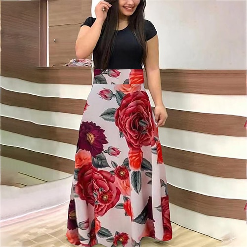 

Women's Plus Size T Shirt Dress Tee Dress Floral Crew Neck Print Short Sleeve Spring Summer Casual Maxi long Dress Daily Dress