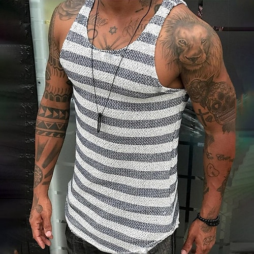 

Men's T shirt Tee Undershirt Graphic Striped Crew Neck Gray Casual Daily Sleeveless Clothing Apparel Sports Fashion Lightweight Big and Tall / Summer