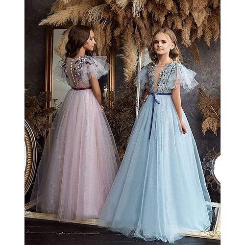 

Wedding Party A-Line Flower Girl Dresses Jewel Neck Floor Length Chiffon Tulle Spring Summer with Appliques Pure Color Cute Girls' Party Dress Fit 3-16 Years