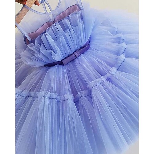 

Wedding Party Princess Flower Girl Dresses Spaghetti Strap Knee Length Chiffon Tulle Spring Summer with Pure Color Cute Girls' Party Dress Fit 3-16 Years
