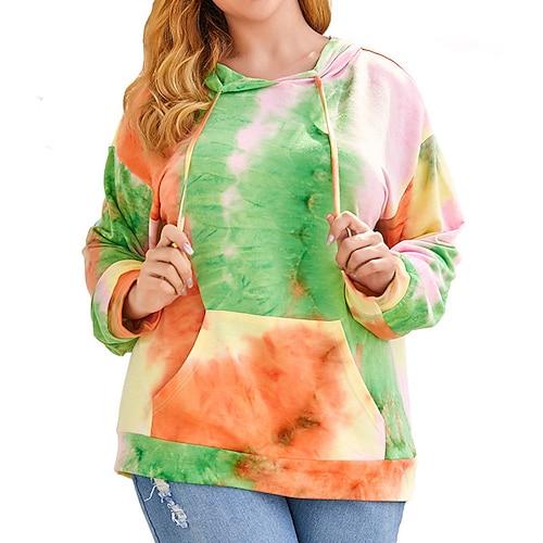 

Women's Plus Size Tops Hoodie Sweatshirt Tie Dye Pocket Print Long Sleeve Streetwear Daily Weekend Cotton Blend Fall Winter Green Yellow