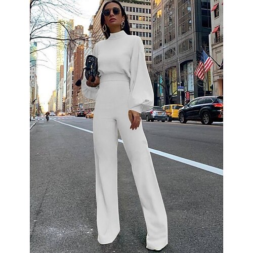 Women's Basic Fashion Streetwear Party Daily Crew Neck Green White Black Jumpsuit Solid Color Zipper Lantern Sleeve, lightinthebox  - buy with discount