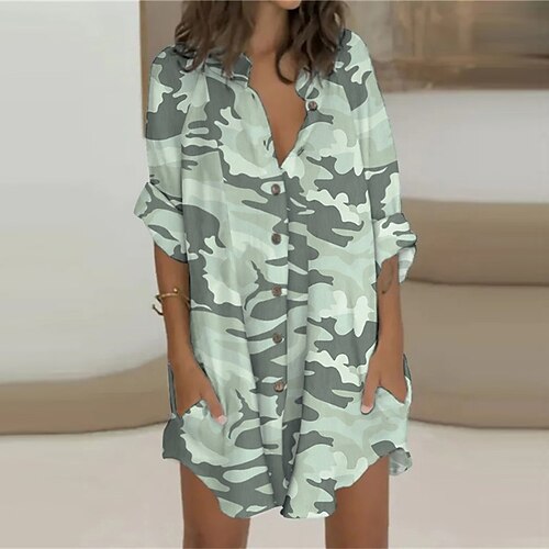 

Women's Shirt Dress Green Blue Pink Long Sleeve Leopard Button Winter Fall Autumn V Neck Winter Dress Fall Dress S M L XL XXL