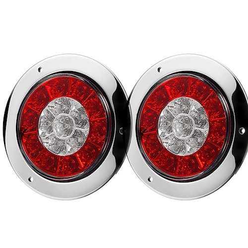 

2Pcs 4"" Inch Round LED Trailer Tail Lights 16LED with Rubber Grommet, Waterproof Sealed Round Red Stop Turn Tail Brake Running Lights White Reverse Backup Lights Lamps for RV Trailer Trucks