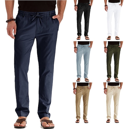 

Men's Linen Pants Trousers Summer Pants Plain Full Length Casual Daily Beach Basic Straight Slim Black White