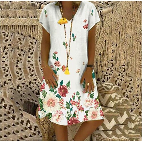 

Women's Casual Dress Midi Dress White Red Green Short Sleeve Floral Print Spring Summer Crew Neck Casual 2023 S M L XL XXL 3XL 4XL 5XL