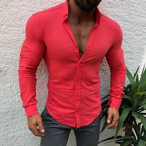 

Men's Casual Shirt Regular Fit Long Sleeve Turndown Solid Colored Polyester Gray Pink Yellow 2022 / Autumn / Fall / Machine wash / Micro-elastic / Adults / Normal