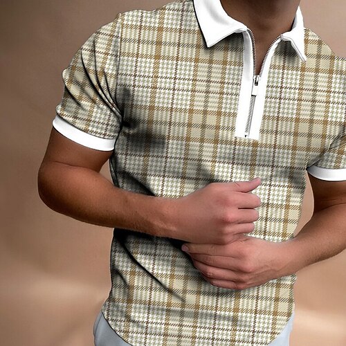 

Men's Collar Polo Shirt Golf Shirt Plaid Collar Khaki Light Blue Outdoor Street Short Sleeve Zipper Clothing Apparel Fashion Casual Breathable Comfortable