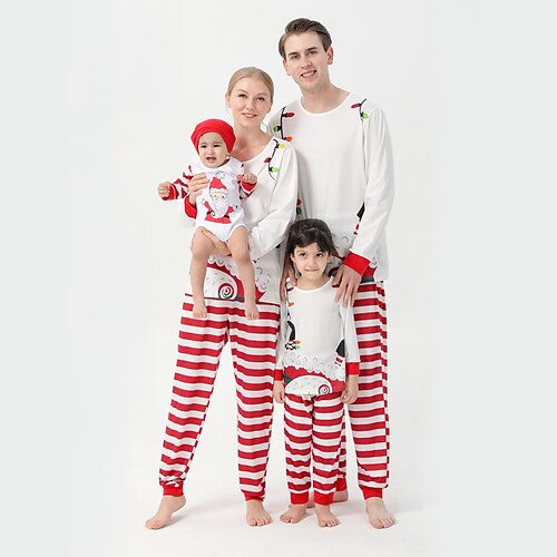 

Christmas Pajamas Family Set Ugly Santa Claus Striped Christmas pattern Home White Long Sleeve Mom Dad and Me Daily Matching Outfits