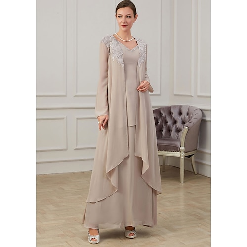 

A-Line Mother of the Bride Dress Elegant Jewel Neck Floor Length Chiffon Long Sleeve Jacket Dresses with Appliques 2022