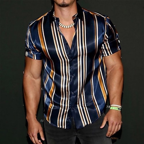 

Men's Shirt Striped Collar Street Daily Button-Down Print Short Sleeve Tops Casual Fashion Breathable Comfortable Blue / Summer / Summer