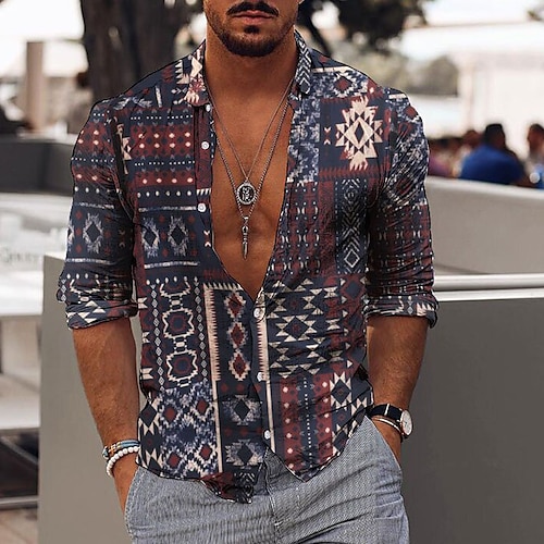 

Homens Camisa Social Tribal Colarinho Cinzento Ao ar livre Rua Manga Longa Botão para baixo Imprimir Roupa Moda Casual Respirável Confortável / Inverno / Outono / Inverno