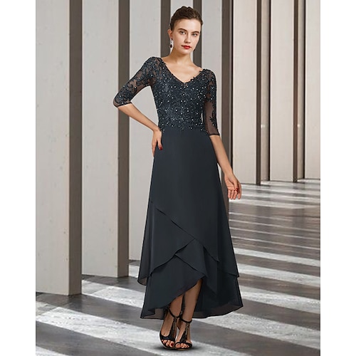 

A-Line Mother of the Bride Dress Elegant V Neck Asymmetrical Ankle Length Chiffon Lace Half Sleeve with Beading Ruffles Appliques 2022