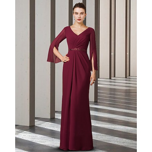 

Sheath / Column Mother of the Bride Dress Elegant V Neck Floor Length Chiffon 3/4 Length Sleeve with Sash / Ribbon 2022