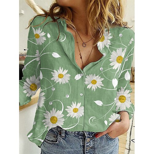 

Women's Blouse Shirt Green Blue Purple Floral Daisy Button Print Long Sleeve Holiday Weekend Streetwear Casual Shirt Collar Regular Floral S