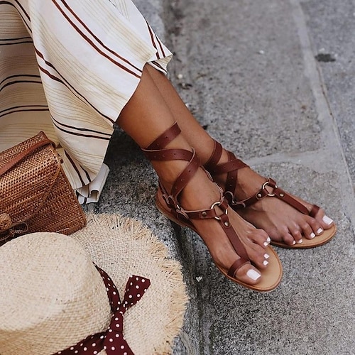 

Women's Sandals Flat Heel Round Toe Rubber Ankle Strap Black / White Brown