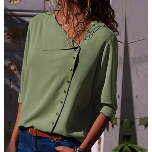 

Women's Shirt Blouse Pink Royal Blue Green Plain Button Long Sleeve Weekend Easter Basic Streetwear Shirt Collar Regular S
