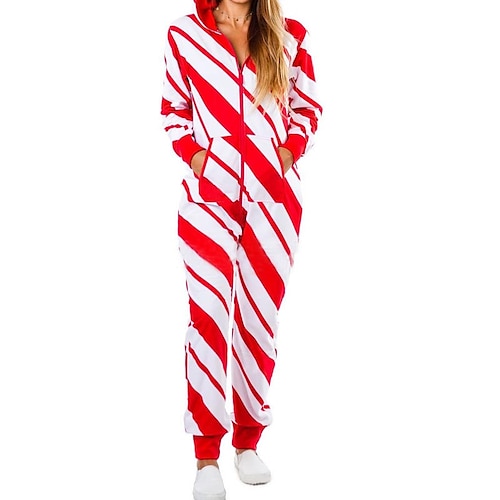 

Women's Kigurumi Pajamas Onesies Jumpsuits Nighty 1 set Animal Stripe Fashion Soft Plush Home Halloween Daily Polyester Gift Hoodie Long Sleeve Print Winter Fall Blue Red / Zipper