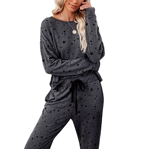 

Women's Loungewear Sets Nighty 2 Pieces Geometic Fashion Sport Simple Home Street Daily Polyester Breathable Gift Crew Neck Long Sleeve Pant Elastic Waist Print Belt Included Winter Fall Gray