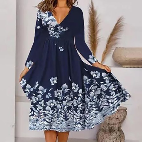 

Robe Longueur Genou Femme Robe Trapèze manche longue Automne - Décontractées Imprimer Floral Col V robe hiver robe automne 2023 Bleu S M L XL XXL 3XL